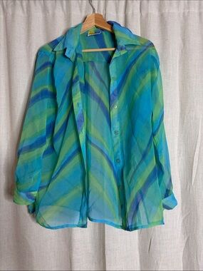 Sea sun M Sheer Striped Button-Up Blouse - Blue Green